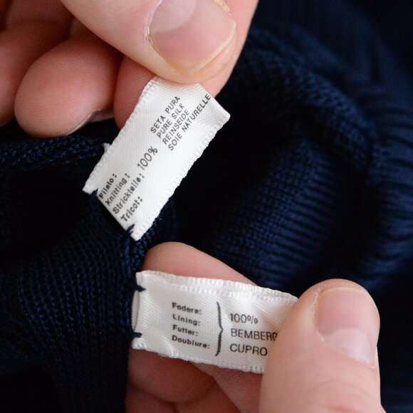 Vintage Beltrami Navy 100% Silk Zip Up Cardigan w Shoulder Pad Sweater L - Picture 12 of 14